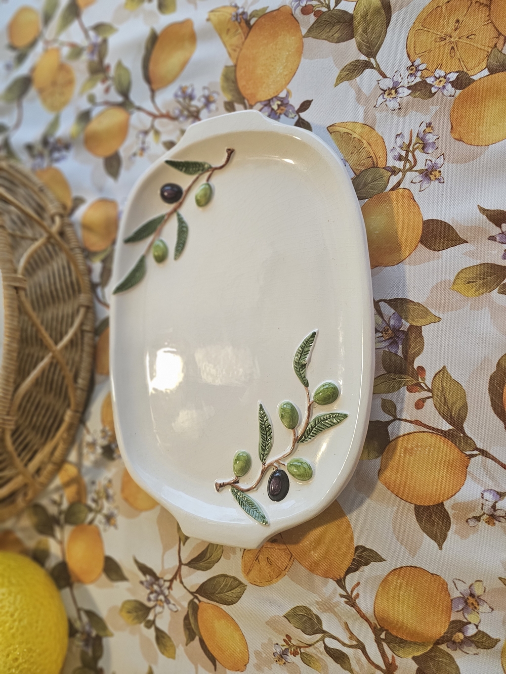 Vintage Italian White Ceramic Serving Platter with Hand-Painted Olive Sprigs